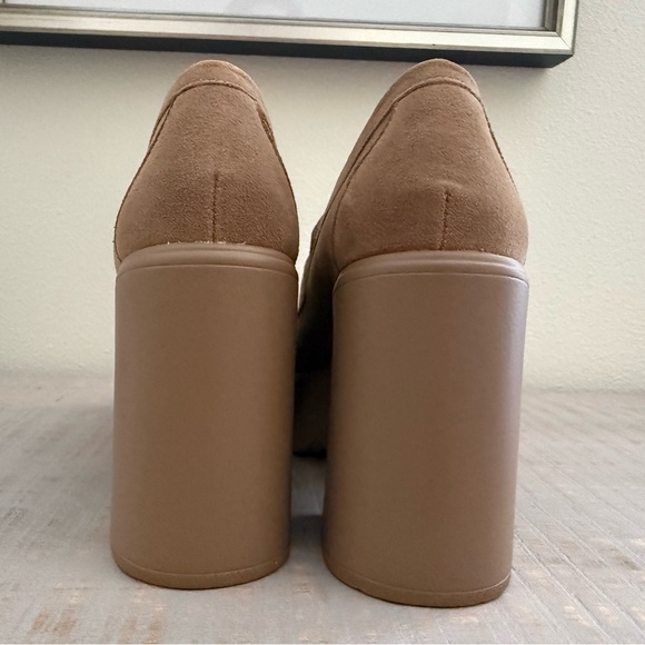 Womens Tan Suede Platform Loafers - Classic Chunky Heel - Picture 3 of 4